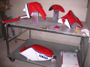 RZ350 parts- Clear coated parts on the drying table